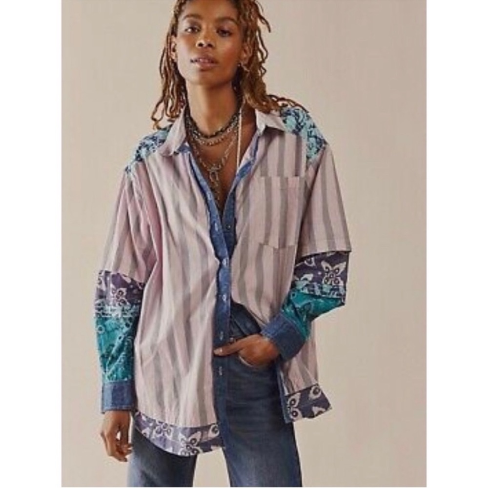 Free People We The Free Wild Dunes Kantha Striped Button Down Cotton Top